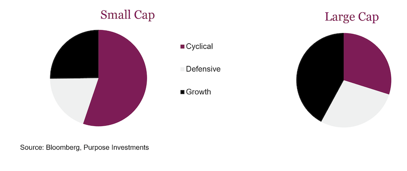 small cap versus large cap breakdown cyclical growth defensive stocks percent